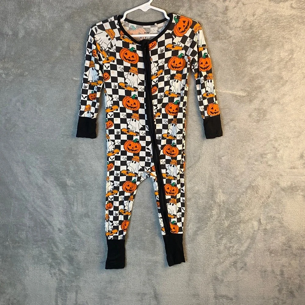 Bamboo Halloween Baby Pajama Romper 18-24M Ghost Pumpkin Skateboard Checkered